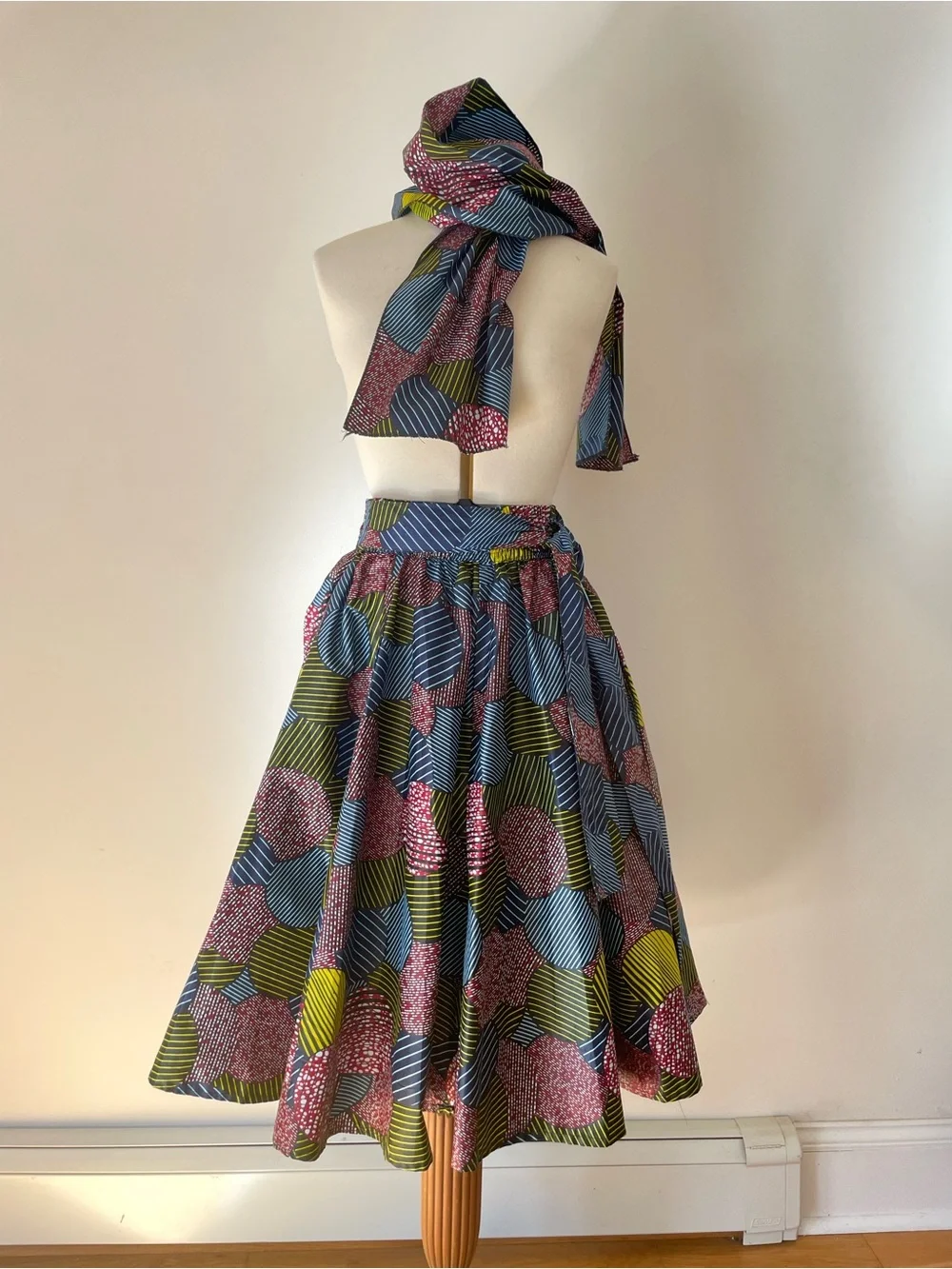 Printed Midi Skirt in Blue, Olive, Black & Red with matching scarf - Picture 2 of 8